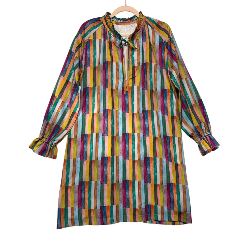 Brooke Wright Multi-Color Geometric Stripe Ruffle Neck Shift Dress Womens Medium